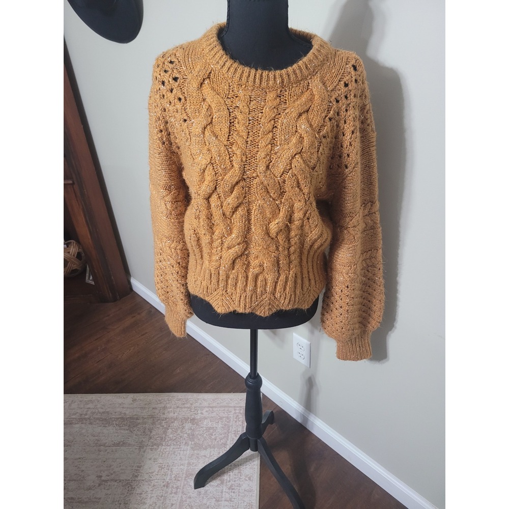 J.O.A. Mustard Yellow Cable Knit Scalloped Hem Balloon Sleeve Sweater Size M
